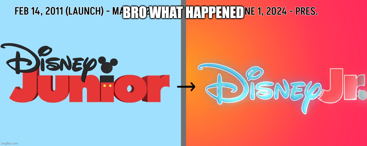 ???? | BRO WHAT HAPPENED | image tagged in disney junior to disney jr rebrand | made w/ Imgflip meme maker