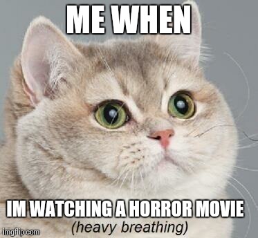 Heavy Breathing Cat Meme | ME WHEN IM WATCHING A HORROR MOVIE | image tagged in memes,heavy breathing cat | made w/ Imgflip meme maker