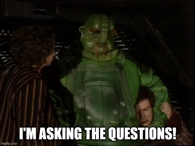 Vogon guard | I'M ASKING THE QUESTIONS! | image tagged in vogon guard | made w/ Imgflip meme maker