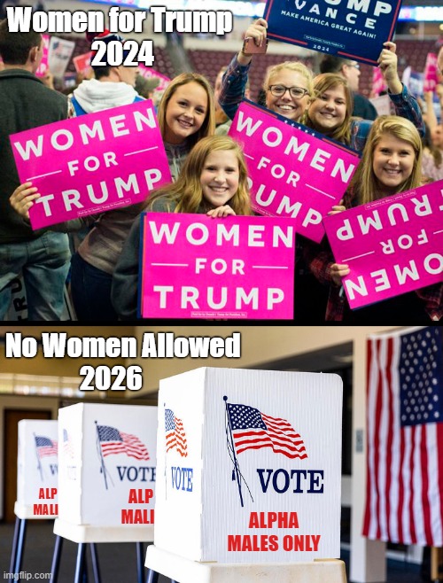 Voting for Trump has consequences! | Women for Trump
 2024; No Women Allowed
              2026; ALP
MALI; ALP
MALI; ALPHA MALES ONLY | image tagged in donald trump,womens rights,voting,election 2024,consequences | made w/ Imgflip meme maker