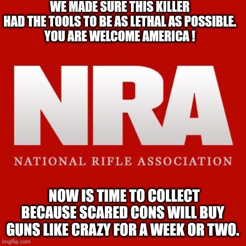 Nra hates america | WE MADE SURE THIS KILLER HAD THE TOOLS TO BE AS LETHAL AS POSSIBLE.
YOU ARE WELCOME AMERICA ! NOW IS TIME TO COLLECT BECAUSE SCARED CONS WILL BUY GUNS LIKE CRAZY FOR A WEEK OR TWO. | image tagged in nra,conservative,trump,maga,school shootings,gun control | made w/ Imgflip meme maker