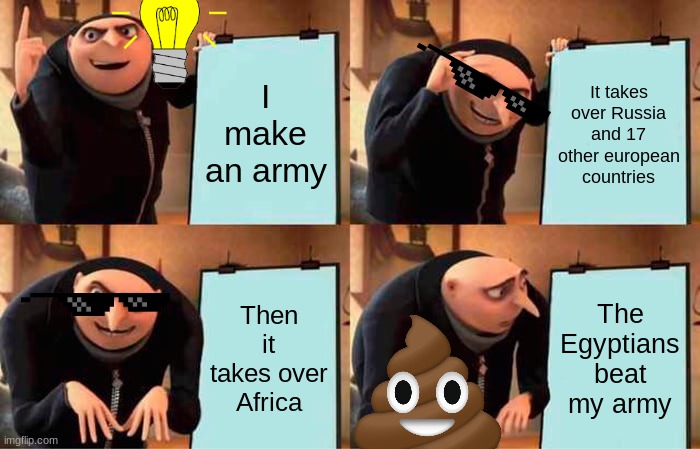 Gru's Plan | I make an army; It takes over Russia and 17 other european countries; Then it takes over Africa; The Egyptians beat my army | image tagged in memes,gru's plan,army,russia,europe,egypt | made w/ Imgflip meme maker