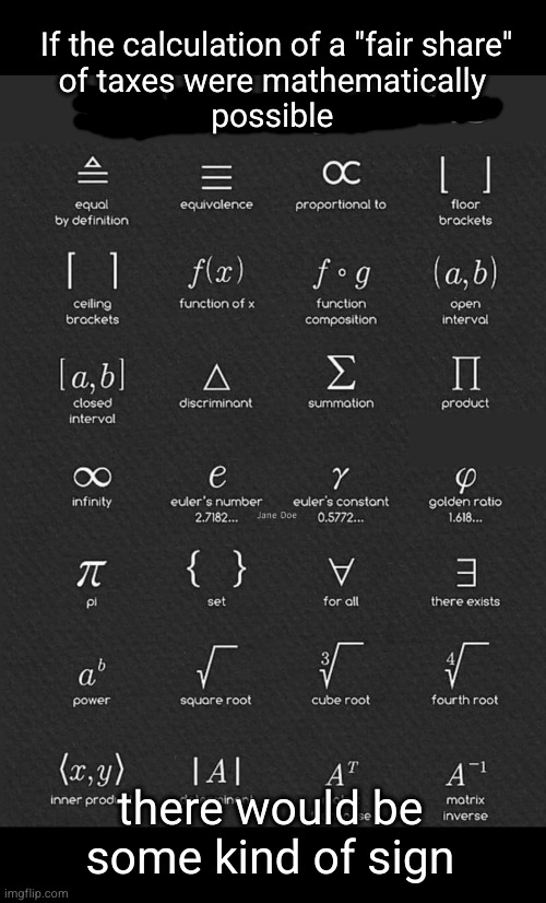 if there such a thing as a "fair share" | If the calculation of a "fair share"
of taxes were mathematically 
possible; there would be
some kind of sign | image tagged in billionaires,fair share of taxes | made w/ Imgflip meme maker