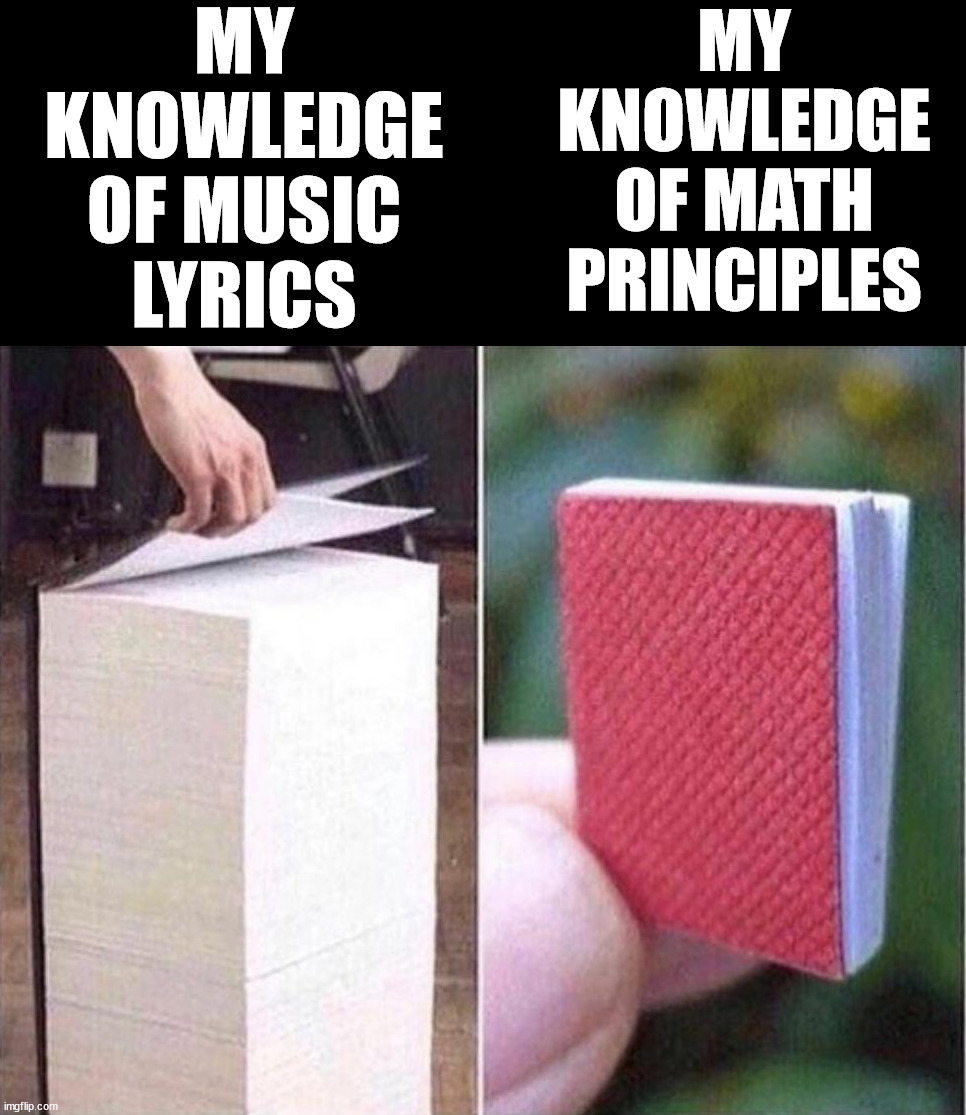 I know certain things | MY KNOWLEDGE OF MUSIC LYRICS; MY KNOWLEDGE OF MATH PRINCIPLES | image tagged in school | made w/ Imgflip meme maker