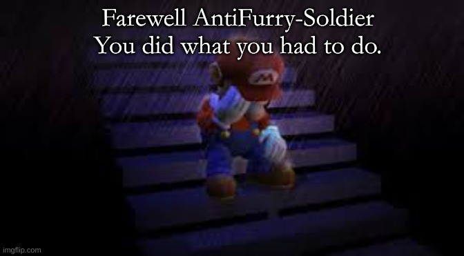 Sad mario | Farewell AntiFurry-Soldier
You did what you had to do. | image tagged in sad mario | made w/ Imgflip meme maker