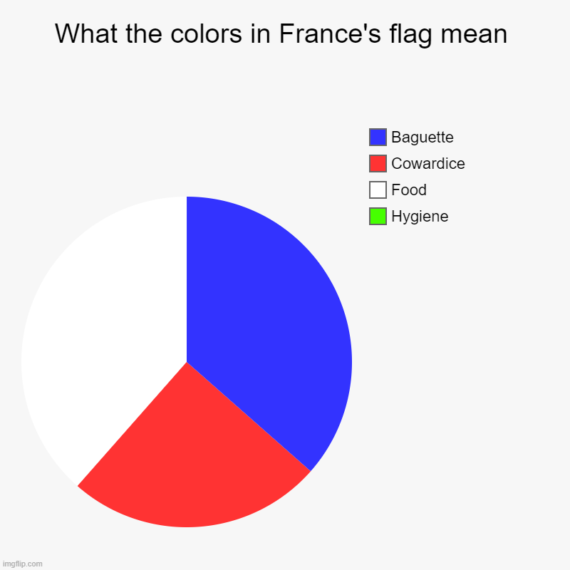 What the colors in France's flag mean | Hygiene, Food, Cowardice, Baguette | image tagged in charts,pie charts | made w/ Imgflip chart maker