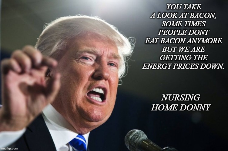 Bacon Donny attacks | YOU TAKE A LOOK AT BACON, SOME TIMES PEOPLE DONT EAT BACON ANYMORE BUT WE ARE GETTING THE ENERGY PRICES DOWN. NURSING HOME DONNY | image tagged in trump,maga,nevertrump,kamala harris,conservative,republican | made w/ Imgflip meme maker