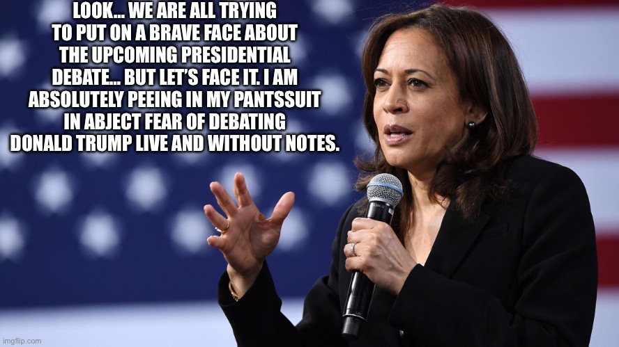 She might try Depends… they seemed to work for Biden. | LOOK… WE ARE ALL TRYING TO PUT ON A BRAVE FACE ABOUT THE UPCOMING PRESIDENTIAL DEBATE… BUT LET’S FACE IT. I AM ABSOLUTELY PEEING IN MY PANTSUIT IN ABJECT FEAR OF DEBATING DONALD TRUMP LIVE AND WITHOUT NOTES. | image tagged in kamala,depends,debate,trump,peeing in her pantsuit | made w/ Imgflip meme maker