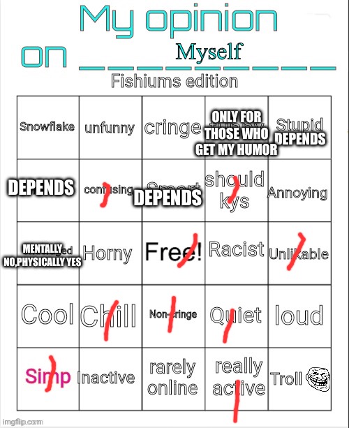 Fixed it bc i made some mistakes | Myself; ONLY FOR THOSE WHO GET MY HUMOR; DEPENDS; DEPENDS; DEPENDS; MENTALLY NO,PHYSICALLY YES | image tagged in my opinion on ____ fishium's edition | made w/ Imgflip meme maker