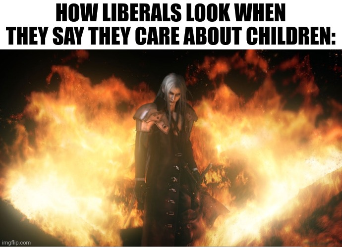Sephiroth in Fire | HOW LIBERALS LOOK WHEN
THEY SAY THEY CARE ABOUT CHILDREN: | image tagged in sephiroth in fire | made w/ Imgflip meme maker
