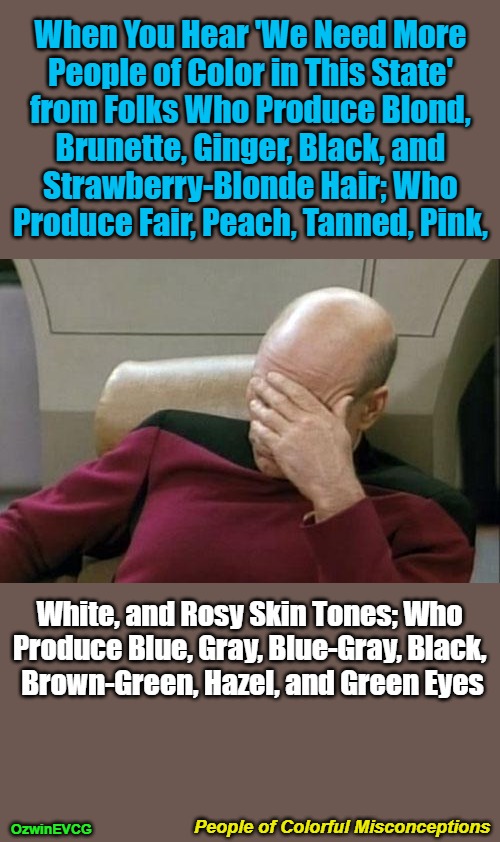 People...Misconceptions | When You Hear 'We Need More 

People of Color in This State' 

from Folks Who Produce Blond, 

Brunette, Ginger, Black, and 

Strawberry-Blonde Hair; Who 

Produce Fair, Peach, Tanned, Pink, White, and Rosy Skin Tones; Who 

Produce Blue, Gray, Blue-Gray, Black, 

Brown-Green, Hazel, and Green Eyes; People of Colorful Misconceptions; OzwinEVCG | image tagged in memes,captain picard facepalm,antiwhite narratives,sounds like communist propaganda,white people,clown world | made w/ Imgflip meme maker