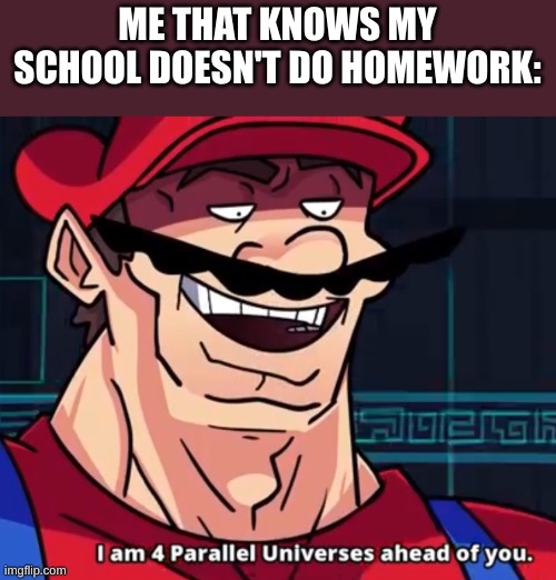 I Am 4 Parallel Universes Ahead Of You | ME THAT KNOWS MY SCHOOL DOESN'T DO HOMEWORK: | image tagged in i am 4 parallel universes ahead of you | made w/ Imgflip meme maker