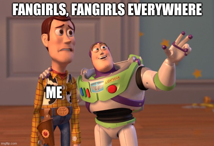 X, X Everywhere Meme | FANGIRLS, FANGIRLS EVERYWHERE; ME | image tagged in memes,x x everywhere | made w/ Imgflip meme maker