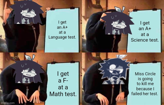 My Fundamental Paper Education | I get an A+ at a Language test. I get an A+ at a Science test. I get a F- at a Math test. Miss Circle is going to kill me because I failed her test. | image tagged in memes,gru's plan | made w/ Imgflip meme maker