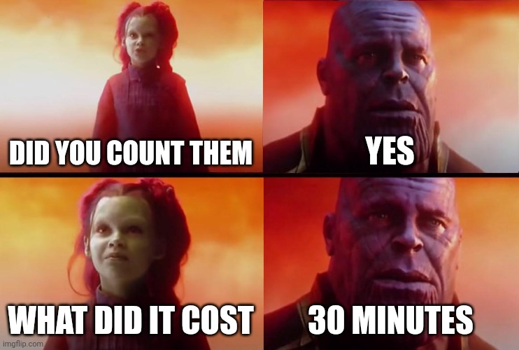 thanos what did it cost | DID YOU COUNT THEM YES WHAT DID IT COST 30 MINUTES | image tagged in thanos what did it cost | made w/ Imgflip meme maker