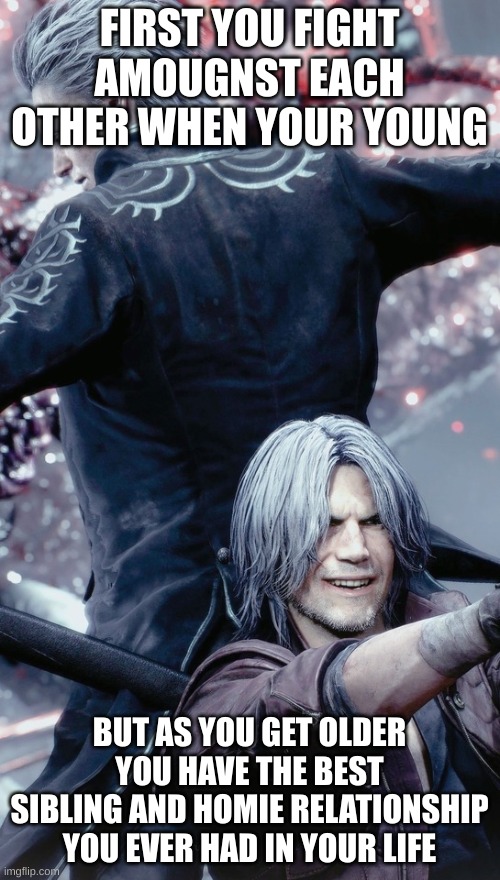 Dante and Vergil | FIRST YOU FIGHT AMOUGNST EACH OTHER WHEN YOUR YOUNG BUT AS YOU GET OLDER YOU HAVE THE BEST SIBLING AND HOMIE RELATIONSHIP YOU EVER HAD IN YO | image tagged in dante and vergil | made w/ Imgflip meme maker