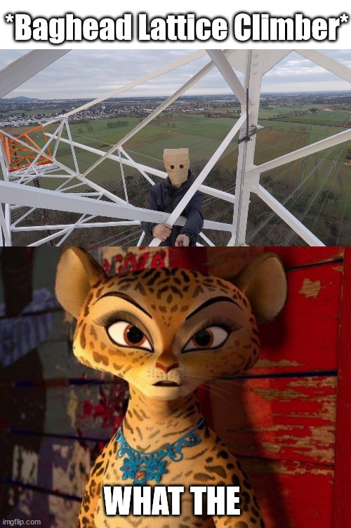 The paperbag head climber. | *Baghead Lattice Climber*; WHAT THE | image tagged in lattice climbing,baghead,gia the jaguar,memes,meme,tower | made w/ Imgflip meme maker