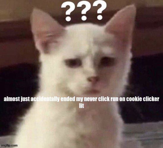 ? | almost just accidentally ended my never click run on cookie clicker
lit | made w/ Imgflip meme maker