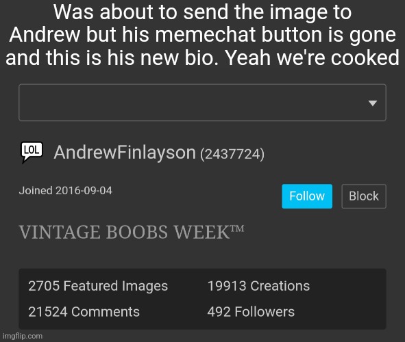 Man idc if it wouldn't have worked, I wanted to at least try | Was about to send the image to Andrew but his memechat button is gone and this is his new bio. Yeah we're cooked | made w/ Imgflip meme maker