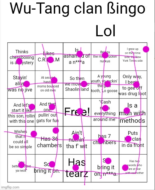 Wu-Tang clan bingo | image tagged in wu-tang clan bingo | made w/ Imgflip meme maker