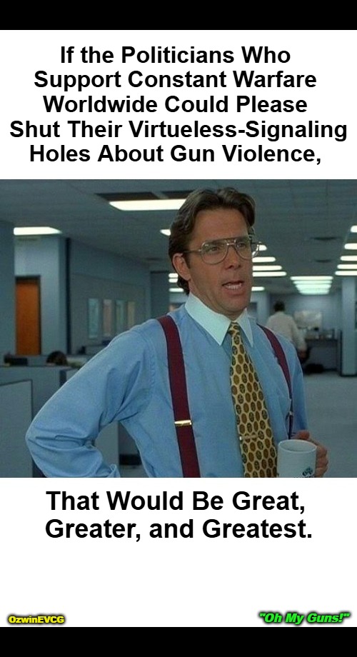 #Guns #War #GunViolence #Peace #OMG #VirtuelessSignaling #PoliticiansSuck #REEEEEtardation | If the Politicians Who 

Support Constant Warfare 

Worldwide Could Please 

 Shut Their Virtueless-Signaling 

Holes About Gun Violence, That Would Be Great, 

Greater, and Greatest. "Oh My Guns!"; OzwinEVCG | made w/ Imgflip meme maker