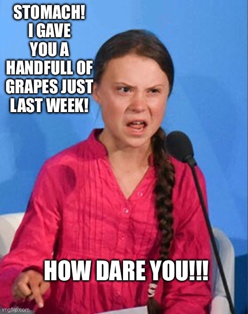 Constipational environments | STOMACH! I GAVE YOU A HANDFULL OF GRAPES JUST LAST WEEK! HOW DARE YOU!!! | image tagged in greta thunberg how dare you,constipated,fruits,stomach,pain | made w/ Imgflip meme maker