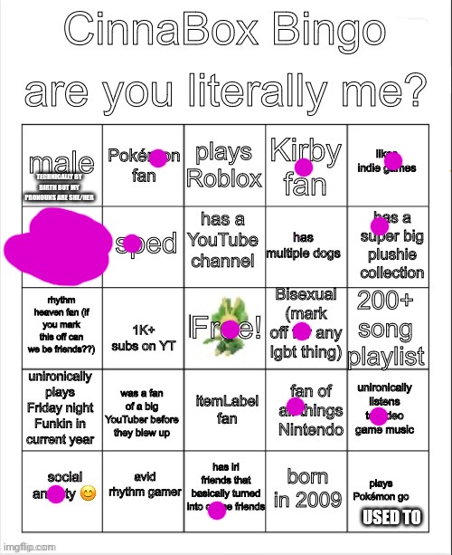 CinnaBox Bingo | TECHNICALLY BY BIRTH BUT MY PRONOUNS ARE SHE/HER; USED TO | image tagged in cinnabox bingo | made w/ Imgflip meme maker