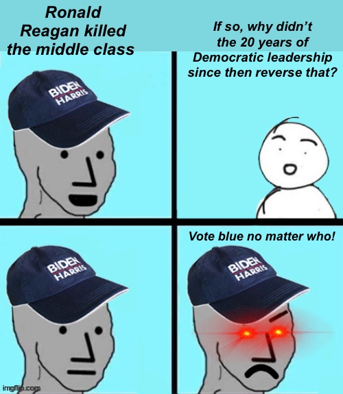 The only logical conclusion would be the Ds want you to suffer so you will support them | If so, why didn’t the 20 years of Democratic leadership since then reverse that? Ronald Reagan killed the middle class; Vote blue no matter who! | image tagged in blue hat npc,politics lol,memes | made w/ Imgflip meme maker