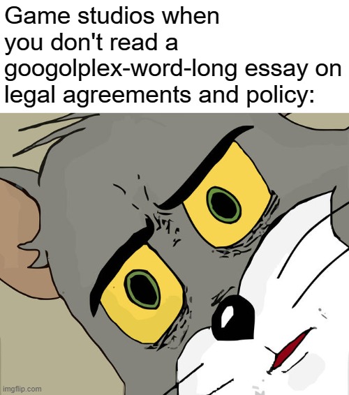 They don't actually expect us to read that, right? | Game studios when you don't read a googolplex-word-long essay on legal agreements and policy: | image tagged in memes,unsettled tom,relatable | made w/ Imgflip meme maker