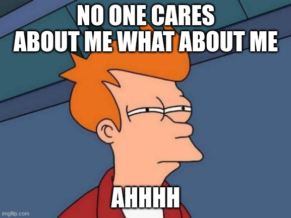 mem | NO ONE CARES ABOUT ME WHAT ABOUT ME; AHHHH | image tagged in memes,futurama fry | made w/ Imgflip meme maker