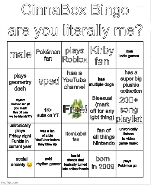 I wanna reiterate I made this like 20 minutes ago and still want to see people fill it out | image tagged in cinnabox bingo | made w/ Imgflip meme maker