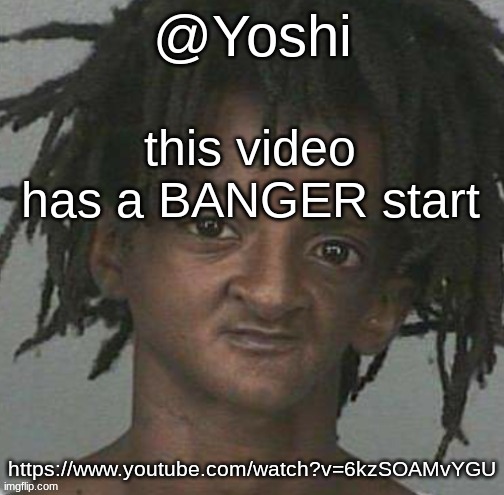 yoshi's cursed mugshot temp | this video has a BANGER start; https://www.youtube.com/watch?v=6kzSOAMvYGU | image tagged in yoshi's cursed mugshot temp | made w/ Imgflip meme maker
