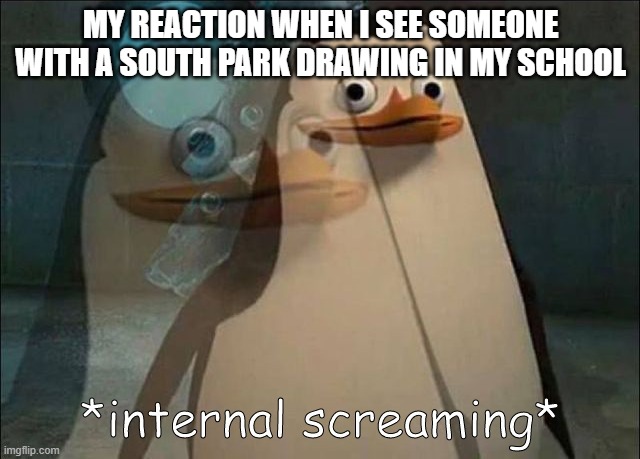 PLS LIKE And SUB TO XXMEMEGAMERXX | MY REACTION WHEN I SEE SOMEONE WITH A SOUTH PARK DRAWING IN MY SCHOOL | image tagged in private internal screaming | made w/ Imgflip meme maker