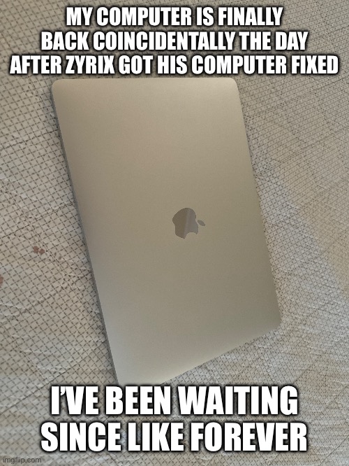 MY COMPUTER IS FINALLY BACK COINCIDENTALLY THE DAY AFTER ZYRIX GOT HIS COMPUTER FIXED; I’VE BEEN WAITING SINCE LIKE FOREVER | made w/ Imgflip meme maker