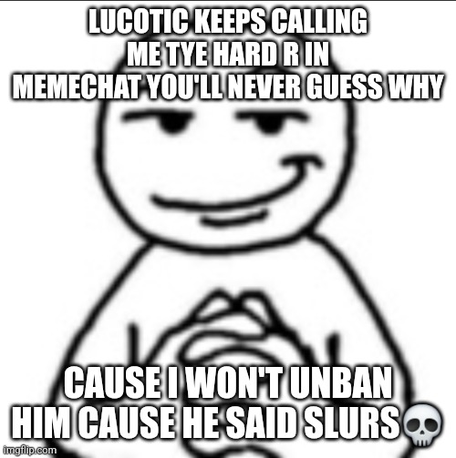 Dubious mf | LUCOTIC KEEPS CALLING ME TYE HARD R IN MEMECHAT YOU'LL NEVER GUESS WHY; CAUSE I WON'T UNBAN HIM CAUSE HE SAID SLURS💀 | image tagged in dubious mf | made w/ Imgflip meme maker