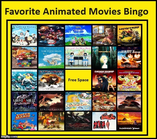 favorite animated movies bingo | image tagged in favorite animated movies bingo,favorites,2001,cinema,anime,classic movies | made w/ Imgflip meme maker