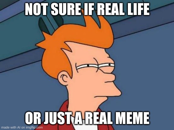 Futurama Fry | NOT SURE IF REAL LIFE; OR JUST A REAL MEME | image tagged in memes,futurama fry | made w/ Imgflip meme maker