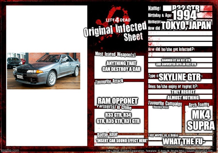 If the r32 gtr was a left for dead infected | R32 GTR; 1994; TOKYO, JAPAN; RAMMED BY AN R31 GTR AND CONVERTED INTO AN R32 GTR; ANYTHING THAT CAN DESTROY A CAR; SKYLINE GTR; RAM OPPONET; THEY REGRET ALMOST NOTHING; R33 GTR, R34 GTR, R35 GTR, R31 GTR; MK4 SUPRA; *INSERT CAR SOUND EFFECT HERE*; WHAT THE FU- | image tagged in left 4 dead character sheet | made w/ Imgflip meme maker