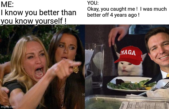 Woman Yelling At Cat Meme | ME:
I know you better than you know yourself ! YOU:
Okay, you caught me !  I was much better off 4 years ago ! | image tagged in memes,woman yelling at cat | made w/ Imgflip meme maker