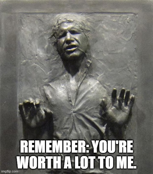 Han Solo Frozen Carbonite | REMEMBER: YOU'RE WORTH A LOT TO ME. | image tagged in han solo frozen carbonite | made w/ Imgflip meme maker