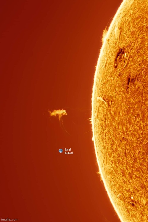 Recent Solar Flare in relation to size of Earth | image tagged in sun,solar,flare,earth,size,comparison | made w/ Imgflip meme maker