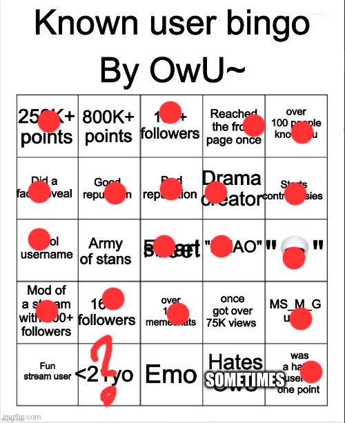 Stupid bingo by owu re-uploaded by Ayden | SOMETIMES | image tagged in stupid bingo by owu re-uploaded by ayden | made w/ Imgflip meme maker