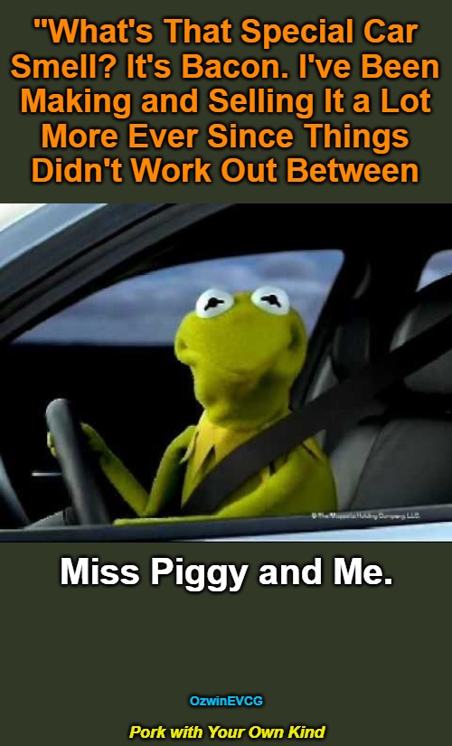 Pork...Kind | "What's That Special Car 

Smell? It's Bacon. I've Been 

Making and Selling It a Lot 

More Ever Since Things 

Didn't Work Out Between; Miss Piggy and Me. OzwinEVCG; Pork with Your Own Kind | image tagged in kermit,piggy,dark,bacon,questions,answers | made w/ Imgflip meme maker