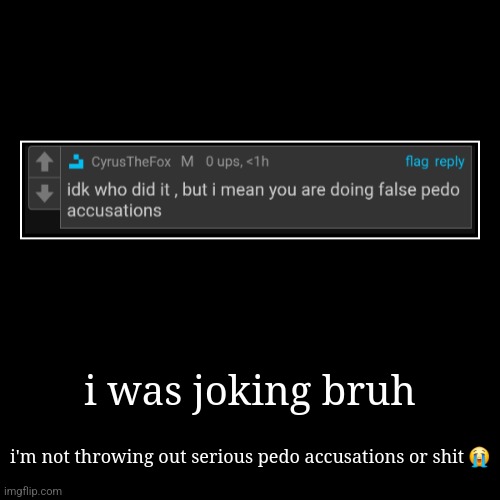 i ain't even the only one that was doing it | i was joking bruh | i'm not throwing out serious pedo accusations or shit ? | image tagged in funny,demotivationals | made w/ Imgflip demotivational maker