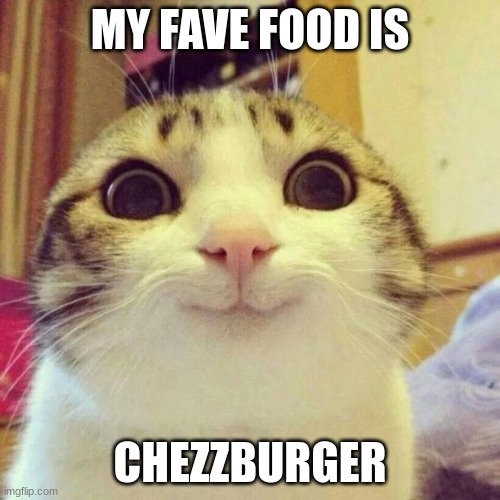 Smiling Cat Meme | MY FAVE FOOD IS; CHEZZBURGER | image tagged in memes,smiling cat | made w/ Imgflip meme maker