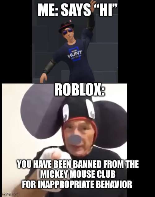 ME: SAYS “HI”; ROBLOX:; YOU HAVE BEEN BANNED FROM THE
MICKEY MOUSE CLUB FOR INAPPROPRIATE BEHAVIOR | made w/ Imgflip meme maker