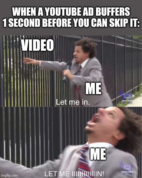 why does this happen? | WHEN A YOUTUBE AD BUFFERS 1 SECOND BEFORE YOU CAN SKIP IT:; VIDEO; ME; ME | image tagged in let me in | made w/ Imgflip meme maker