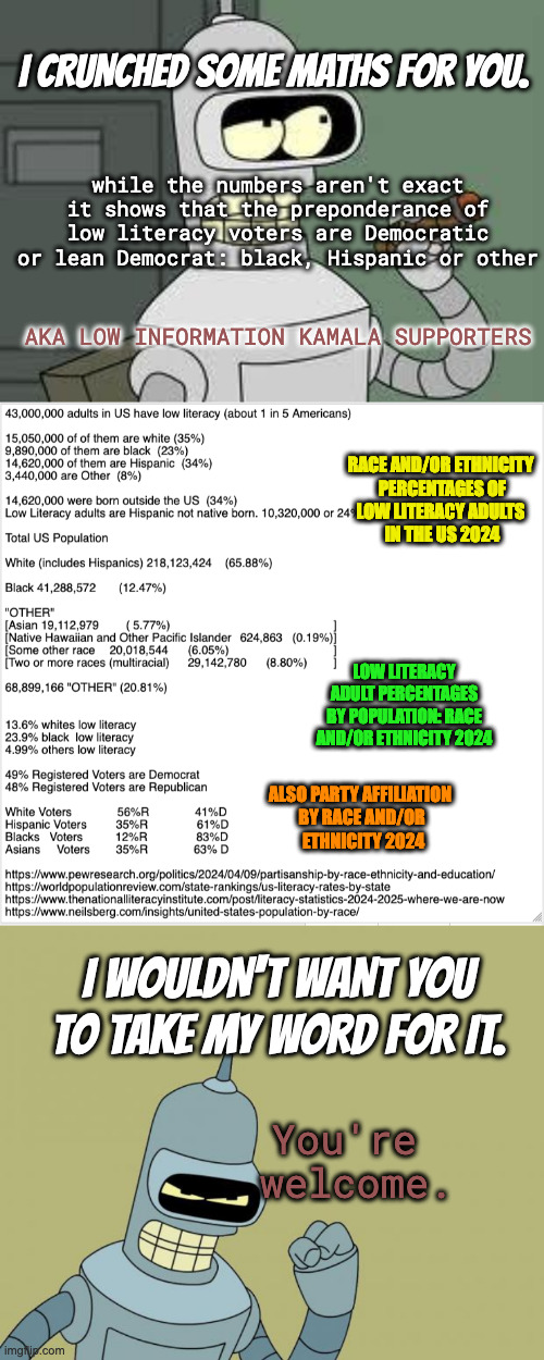 RACE AND/OR ETHNICITY 
PERCENTAGES OF
LOW LITERACY ADULTS 
IN THE US 2024 LOW LITERACY ADULT PERCENTAGES
BY POPULATION: RACE AND/OR ETHNICIT | image tagged in bender | made w/ Imgflip meme maker