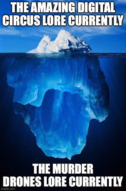 iceberg | THE AMAZING DIGITAL CIRCUS LORE CURRENTLY; THE MURDER DRONES LORE CURRENTLY | image tagged in iceberg | made w/ Imgflip meme maker