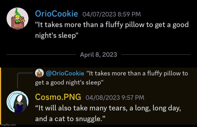 Please, all of you, go to bed | image tagged in sleep,discord,cosmo png | made w/ Imgflip meme maker